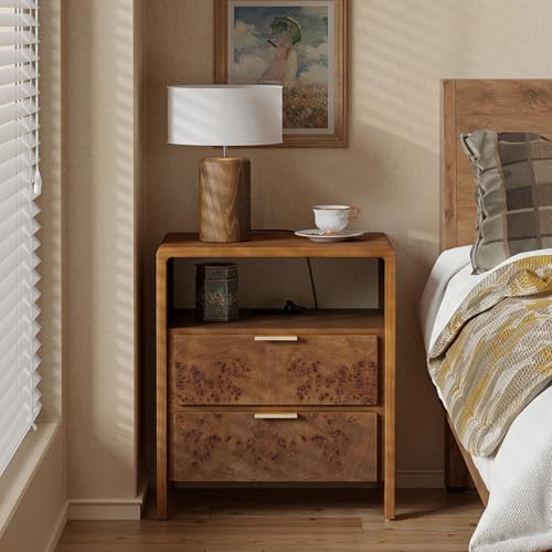 COZAYH Farmhouse Nightstand with Charging Station, Wood Side Table with Power Outlet and USB & Type C Ports, Burl Finish Bedside Table for Bedroom, Fully Assembled, Rustic, Brown - color: Dark Brown, size: 2 Drawer-USB