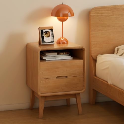 100% Solid Oak Wood Nightstand with 2 Drawers, Mid Century Modern Night Stand with Open Shelf, Wooden Nightstand, Small Night Stand for Small Spaces, Oak Bedside Table for Bedroom(23.23" H) - color: Natural Oak, style: 2 Drawer & Open Storage-1