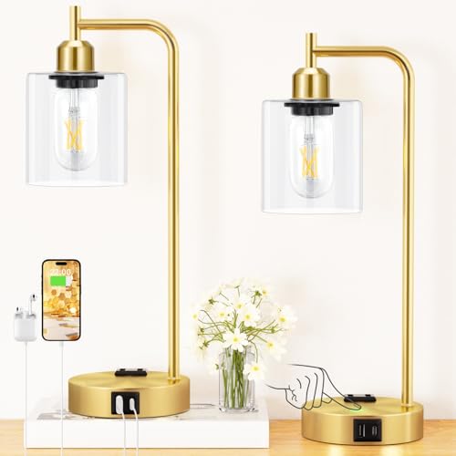 Innqoo Industrial Gold Table Lamp for Bedrooms Set of 2-3-Way Dimmable Desk Lamp with USB C+A Ports and Outlet, Gold Lamps with Clear Glass Shade for Living Room, Desk Lamps for Home Office - color: G-Gold Base& Clear Glass