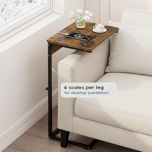 Vagusicc C Shaped End Tables Set of 2 with Charging Station, 33.2'' Tall C Table Adjustable Height Side Table, Small Side Table for Small Spaces, Couch Sofa Table TV Tray for Living Room, Rustic Brown - color: Rustic Brown (2 Pack), style: With Plug