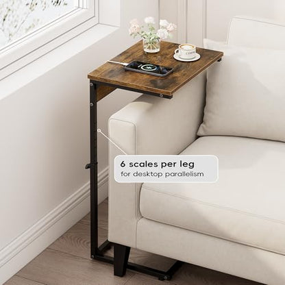 Vagusicc C Shaped End Tables Set of 2 with Charging Station, 33.2'' Tall C Table Adjustable Height Side Table, Small Side Table for Small Spaces, Couch Sofa Table TV Tray for Living Room, Rustic Brown - color: Rustic Brown (2 Pack), style: With Plug