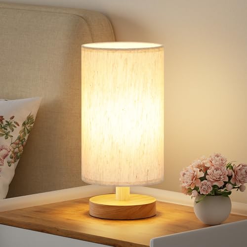 Fenmzee Small Table Lamp for Bedroom - Inline Control, Bedside Lamp with 3000K A15 LED Blub, Easy Assembly (Cream Shade - Wood Base, 9" Inline Control) - color: Cream Shade - Wood Base