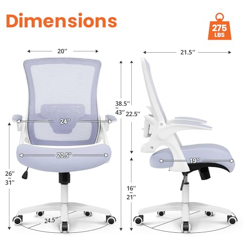 NEO Chair Office Desk Gaming Chair Computer High Back Mesh Seat with Rolling Wheels Ergonomic Adjustable Comfy Flip-up Armrests Lumbar Support Height for Home (Purple White Frame) - color: Purple