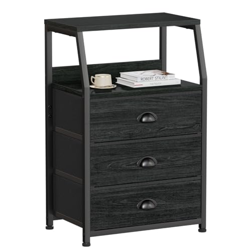 Furnulem Black Night Stand, Small Dresser for Bedroom, Nightstand with 3 Fabric Storage Drawers and 2-Tier Shelf, End Table Side Furniture for Closet, Hallway, Nursery, Sturdy Steel Frame, Wood Top - color: Black Oak, style: 3 Drawers