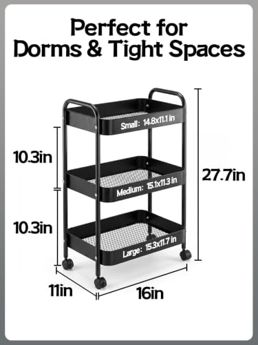 3-Tier Carbon Steel Rolling Cart for Dorm, Black | Utility Cart College Essentials with 360° Swivel Lockable Wheels, Book Cart Self Organizer for Girls Bedside Snack Storage