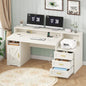TVU 65" White Computer Desk with Drawers and Printer Stand for Home Office | Office Desk with Power Outlets and Storage Cabinet, Study Writing Desks with Long Monitor Stand - color: White