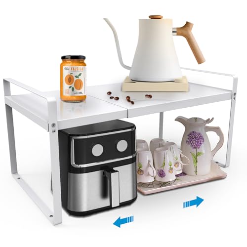 Expandable Shelf for Cabinet, 11" Deep Kitchen Cabinet Organizer, 1 Pack | Adjustable 14-26", Heavy Duty Metal Countertop Riser for Under Sink and Kitchen Cupboard Storage, 55 Lbs Anti-Sag, White - size: 11"D | 1 Pack