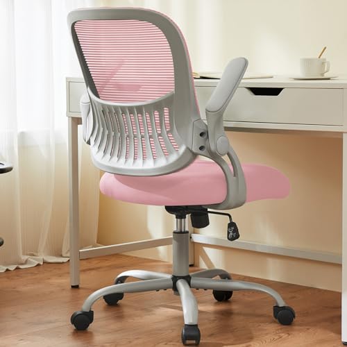 Sweetcrispy Home Office Computer Desk Chair, Ergonomic Mid-Back Mesh Rolling Work Swivel Task Chairs with Wheels, Comfortable Lumbar Support, Comfy Flip-up Arms for Bedroom, Study, Student, Pink - color: Pink, size: 18.49"D