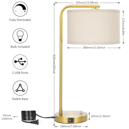 Fully Dimmable Bedside Lamp with C+A USB Ports, Mordern Gold Nightstand Lamp Desk Reading Lamp with Beige Drum Shade, Tall Side Table Lamp for Living Room Bedroom Office, 9W LED Bulb Included - color: Gold