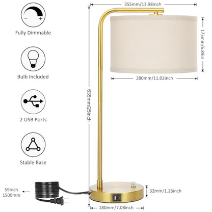 Fully Dimmable Bedside Lamp with C+A USB Ports, Mordern Gold Nightstand Lamp Desk Reading Lamp with Beige Drum Shade, Tall Side Table Lamp for Living Room Bedroom Office, 9W LED Bulb Included - color: Gold