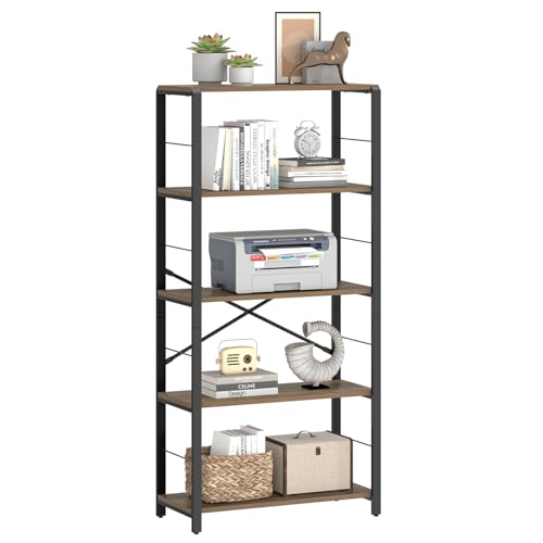 FOLUBAN 5 Tier Tall Bookshelf, Industrial Bookshelves and Bookcases, Modern Rustic Wood and Metal Book Shelf for Bedroom, Living Room and Home Office, Oak - color: Oak, size: 5-Tier
