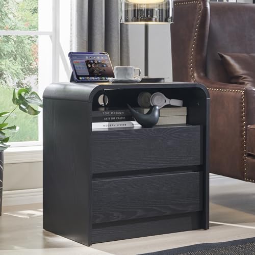 Aitjunz 25" Tall Modern Nightstand with Charging Station, 23.6'' Wide Wood Bedside Table w/2 Storage Drawers, Large Mid Century End Table for Bedroom, Living Room, Curved Profile Design, Black - color: Black, size: 1 Piece