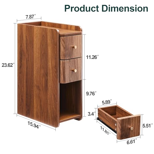 Narrow End Table Bedroom, Wooden Small 2 Drawer Nightstand, Thin Couch Side End Table, Skinny Bedside Table Small Spaces, Mid Century Modern Night Stand with Drawers (Walnut-1 pc) - color: Walnut-1 Pc