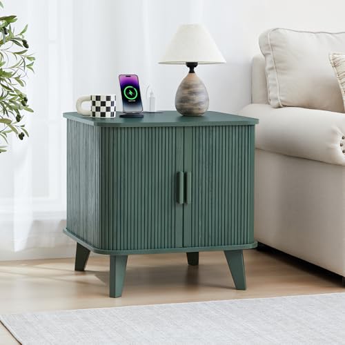 24 Inch Nightstand with Charging Station, Green Mid-Century Modern End Side Table with Fulted Sliding Door, Unique Round Bedside Table with Storage for Sofa, Couch, Bed (Square, Green) - color: Green, size: 24"-Square