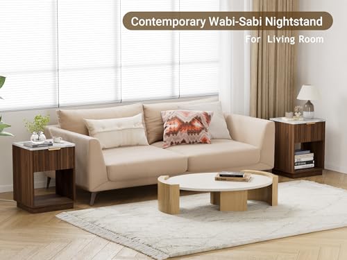 Fluted Nightstand, Night Stand Set 2, Walnut Nightstands Set of 2 with Charging Station and Faux Marble Top, Modern End Table with Drawer & Open Shelf, Bedside Table for Bedroom Living Room - color: Walnut + Faux Marble Top, size: 1 Drawer（18"W）