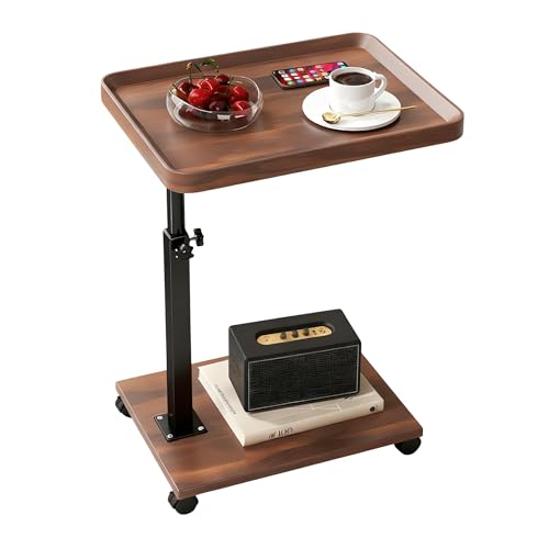Modern C Shaped Tables Adjustable Height, 360° Swivel Bed End Tables with Wheels, Small Side Table for Couch Living Room (Walnut Color) - color: Walnut