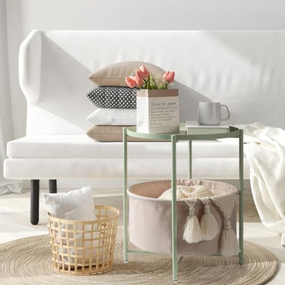 danpinera Round Side Table with Fabric Storage Basket, Small Coffee Table | Metal End Stand with Removable Serving Tray, Modern Nightstand for Small Space, Living Room, Bedroom, Nursery, Light Green - color: Light Green