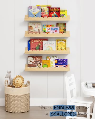 Harwaya Scalloped Nursery Bookshelf Wall Mounted 4-Pack, Natural Wood Floating Book Shelves for Wall, Cloud Wall Mount Bookshelves for Kids Bedroom, Baby Children Toddler Room (Natural Pine Wood) - color: Natural Wood
