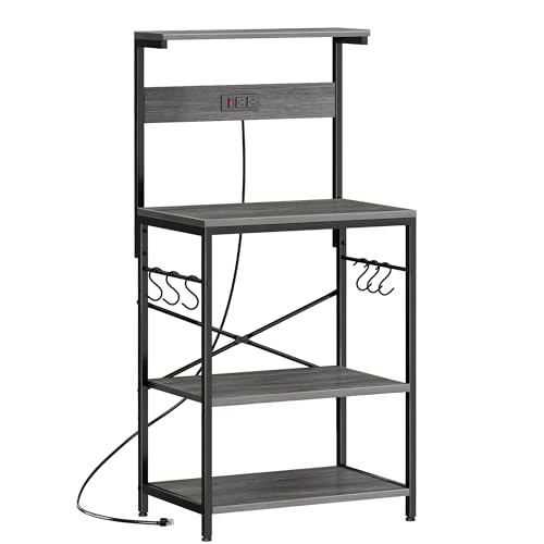 SUPERJARE Kitchen Bakers Rack with Power Outlet, Coffee Bar Table 4 Tiers, Kitchen Microwave Stand with 6 S-Shaped Hooks, Storage Shelf Rack for Spices, Pots and Pans - Charcoal Gray - color: Charcoal Gray, size: 23.6 inch