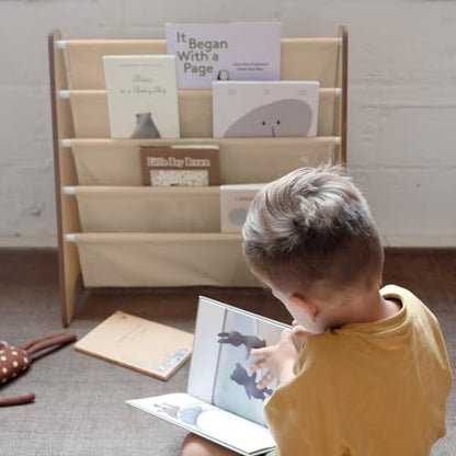 3 Sprouts Recycled Kids Bookshelf, Holds 35 Books, 4-Tier, Beige | Space-saving bookshelf, Children's room, Toddler bookcase organizer, Ages 3+, Book/toy storage, Front-facing, Covers visible - color: Solid Beige