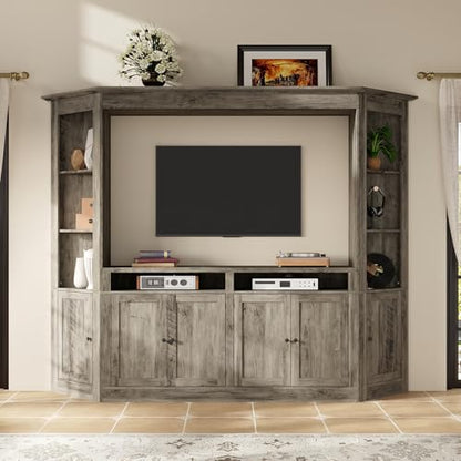 ECACAD 4-Piece Large Wall Unit TV Stand with Bookshelves for TVs up to 70", Farmhouse Entertainment Center with 16 Storage Shelves, Rustic Media Console Table for Living Room, Bedroom, Gray