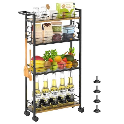 LASZOLA Slim Storage Cart with Wheels, 4 Tier Mobile Narrow Shelving Unit Organizer Utility Cart with Handle, Skinny Rolling Trolley for Small Space Kitchen Bathroom Laundry, Black and Rustic Brown - color: Black, size: 16.7"D x 6.5"W x 34.1"H (4 Tier）