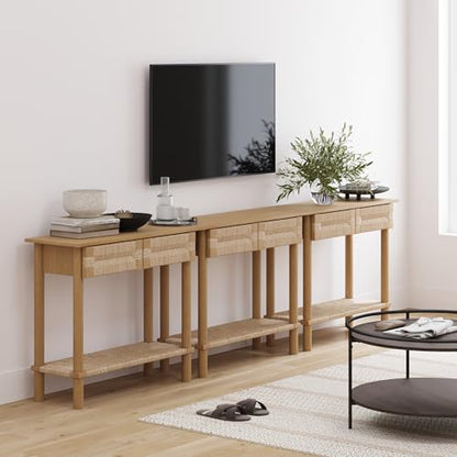 Nathan James Beacon Wooden Sofa Console Table with Drawers, Bohemian Entryway Table, Hallway Table with Seagrass Shelf, Light Brown, Set of 3 - color: Beacon Light Brown/Seagrass, size: Set of 3