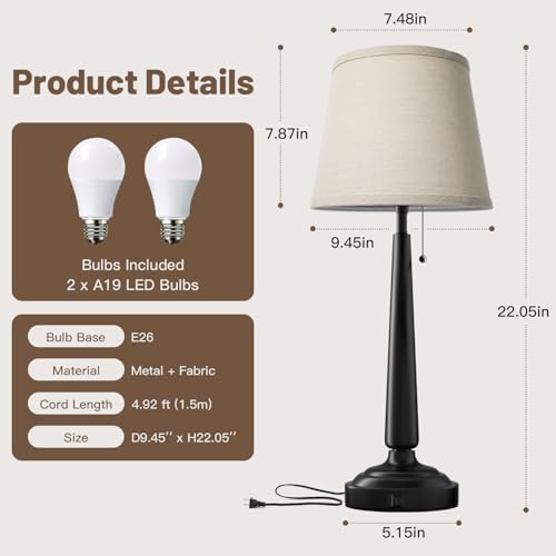 EppieBasic 22" Farmhouse Bedside Table Lamps Set of 2 with 3-Way Dimmable | with USB-C+A Charging Ports, Rustic Pull Chain Switch, Beige Linen Shade, for Bedroom, Living Room, Nightstand - style: XT-02