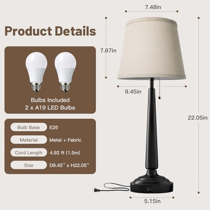 EppieBasic 22" Farmhouse Bedside Table Lamps Set of 2 with 3-Way Dimmable | with USB-C+A Charging Ports, Rustic Pull Chain Switch, Beige Linen Shade, for Bedroom, Living Room, Nightstand - style: XT-02