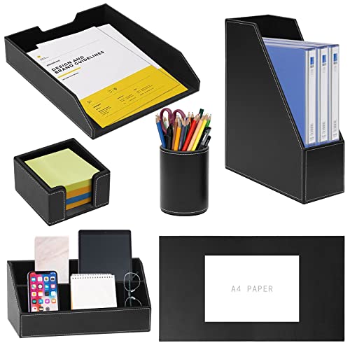 6 Piece Office Supplies/Desk Organizer Set with Desktop Leather Writing Pad,File Paper Tray,Magazine folder Holder, Pen Cup,Sticky Note Holder,Letter Mail Sorter,Workspace Decor for Women Men Black - color: Black