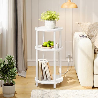 HOOBRO Set of 2 Small Round Side Tables with Charging Station, 3-Tier Round Bamboo End Tables, Easy Assembly, for Living Room, Bedroom, Apartment, White WT152UBZP201 - color: White