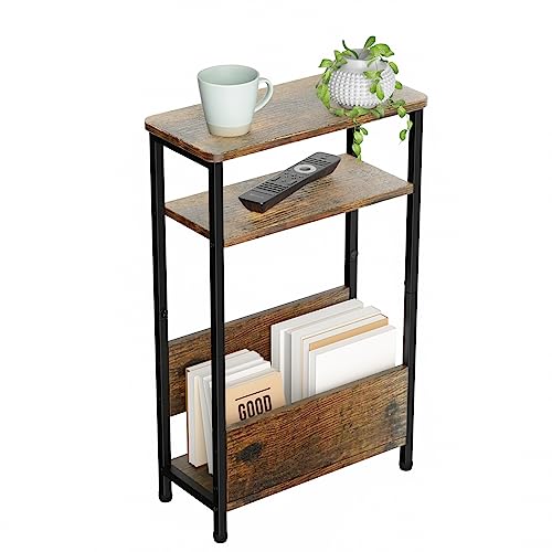 THUMEYE 7.1" Narrow Side Table for Small Spaces, 3 Tier Small End Table with Magazine Holder, Slim/Skinny Nightstand/Bedside Table for Living Room, Bedroom, 15.4" L x 24.2" H - color: Rustic Brown