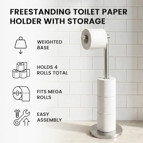 Cesun Extra Weighted Base Toilet Paper Holder Stand - SUS304 Rust Proof Free Standing Tissue Roll Holder for 4 Rolls, No Tipping, No Slipping, Brushed Nickel - color: Brushed Nickel
