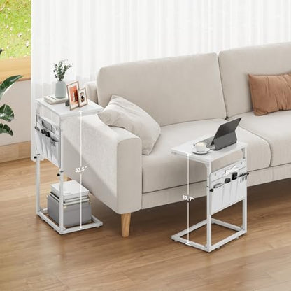 Vagusicc C Shaped End Table, 33" Tall Side Table for Couch, Adjustable Height Small Couch Side Table for Small Spaces, C Table End Table Slide Under Sofa Table TV Tray for Living Room Bedroom, White - color: White