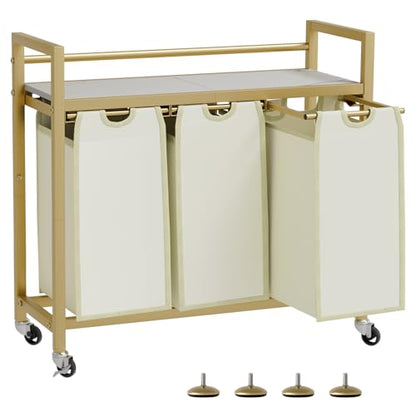SwaaVee Laundry Sorter, Laundry Hamper 3 Section, 3×11.4Gal, Metal Frame Rolling Laundry Basket with Wooden Top Shelf, Pull out and Removable Laundry Bags, 3 Bags-Golden - color: Gold