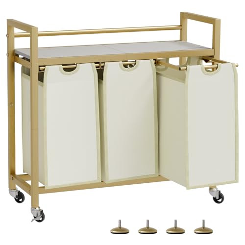SwaaVee Laundry Sorter, Laundry Hamper 3 Section, 3×11.4Gal, Metal Frame Rolling Laundry Basket with Wooden Top Shelf, Pull out and Removable Laundry Bags, 3 Bags-Golden - color: Gold