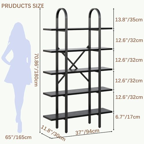 Wide Bookshelf Arched Bookcase, Industrial 5 Tier Open Book Shelves with Metal Frame, 72" Tall Freestanding Heavy Duty Display Rack for Home Office, Living Room,Black,Easy Assembly - color: Black, size: 5 Tier Arched Wide