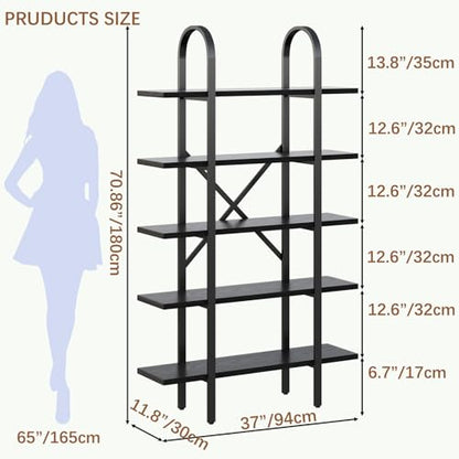 Wide Bookshelf Arched Bookcase, Industrial 5 Tier Open Book Shelves with Metal Frame, 72" Tall Freestanding Heavy Duty Display Rack for Home Office, Living Room,Black,Easy Assembly - color: Black, size: 5 Tier Arched Wide