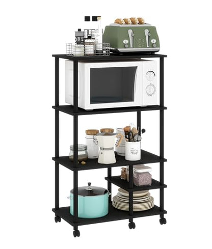 4-Tier Microwave Cart with Storage, Rolling Kitchen Cart with Wood Top, Coffee Table Standing Baker's Racks for Kitchens, Living Room, Balcony, Black - color: Black