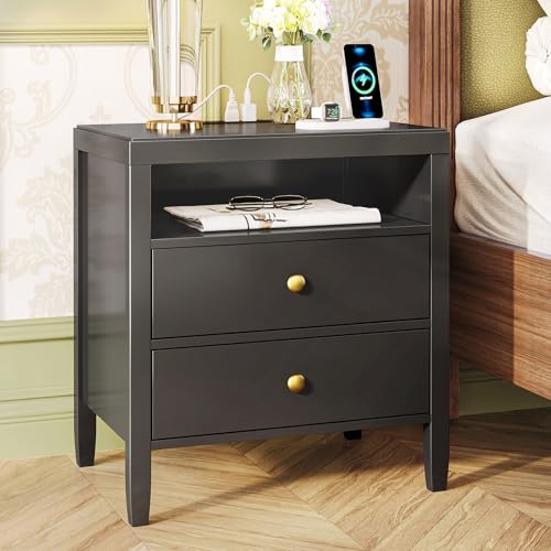 Huuger Black Nightstand Set of 2, Night Stand with Charger Station, Bedside Table with 2 Drawers, Bed Side Tables for Bedroom, Modern Nightstands, Metal Knobs, Painted Surface - color: Black