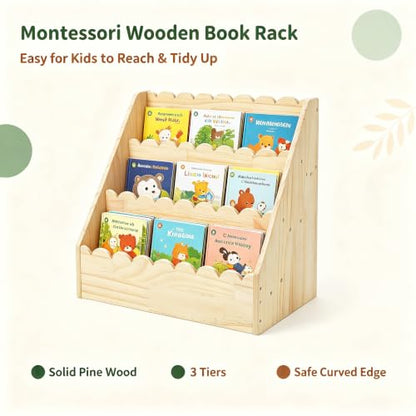 Kids Bookshelf-3-Tier Wooden Book Shelf for Kids Rooms 17.72*16.54*10.63in | Nursery&Toddlers Montessori Bookcase with Deep Storage Pockets, Baby Book Storage,Children's Bookshelf for Nursery&Bedroom - size: Small