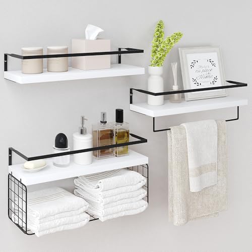 White Wood Floating Shelves Wall Mounted - 3+1 Tier Rustic Bathroom Wall Shelves Over Toilet with Wire Storage Basket & Towel Bar, set of 3 Farmhouse Floating Shelf for Bathroom,Kitchen,Bedroom - color: 3-tier White Bathroom Shelves, size: 3-Tier