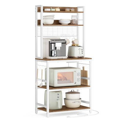 VASAGLE Bakers Rack with Power Outlet, Microwave Stand, Kitchen Tall Utility Storage Shelf, with Metal Wire Panel, 14 Hooks, 15.7 x 23.6 x 66.9 Inches, Rustic Walnut and Cloud White UKKS037W41 - color: Rustic Walnut + Cloud White, size: 23.6"W