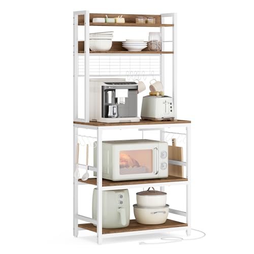 VASAGLE Bakers Rack with Power Outlet, Microwave Stand, Kitchen Tall Utility Storage Shelf, with Metal Wire Panel, 14 Hooks, 15.7 x 23.6 x 66.9 Inches, Rustic Walnut and Cloud White UKKS037W41 - color: Rustic Walnut + Cloud White, size: 23.6"W