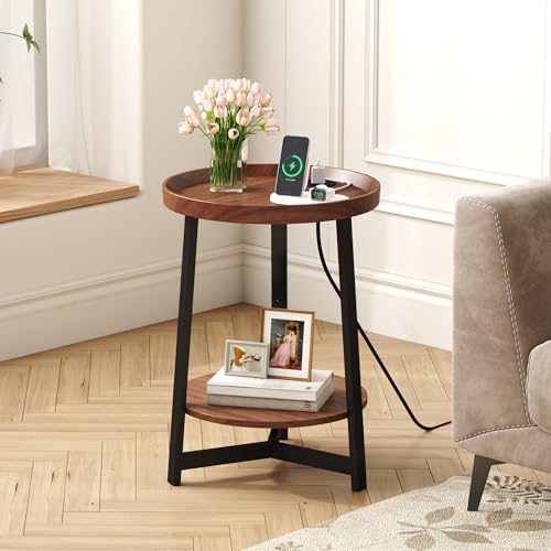 Round Industrial Side Table with Charging Station,2-Tier Round End Table with USB Port & Power Outlet, Nightstand with Metal Frame for Small Spaces, Living Room, Bedroom, Cherry - color: Cherry, style: With Charging Station