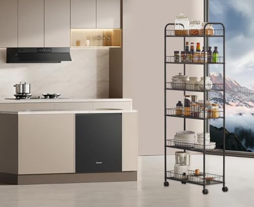 6 Tier Slim Rolling Storage Cart, Mobile Shelving Unit with Wheels, Metal Wire Storage Rack with Baskets for Kitchen Bathroom Office Laundry Narrow Piaces (6in Slim Rolling Cart) - size: 6in Slim Rolling Cart