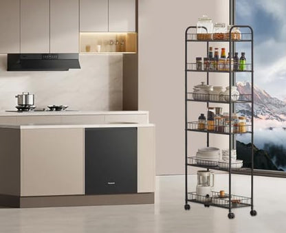 6 Tier Slim Rolling Storage Cart, Mobile Shelving Unit with Wheels, Metal Wire Storage Rack with Baskets for Kitchen Bathroom Office Laundry Narrow Piaces (6in Slim Rolling Cart) - size: 6in Slim Rolling Cart