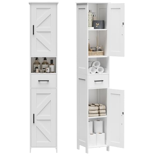 Homhedy 67" H Tall Bathroom Storage Cabinet with 2 Barn Doors and 1 Drawer, Narrow Storage Unit, Adjustable Shelves, Floor Cabinet for Bathroom, Living Room, Entryway, Kitchen, White, (11.8" W) - color: White, size: 11.8"W