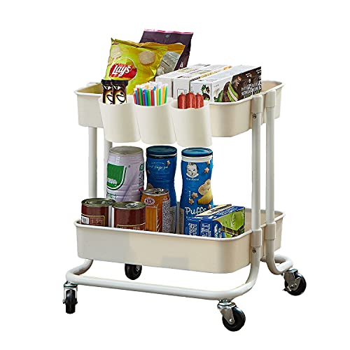 2-Tier Utility Rolling Cart Storage Sofa Side Table with Wheels, Mobile Trolley Organizer with for Office Home Kitchen Organization, Cream White - color: A- Cream White