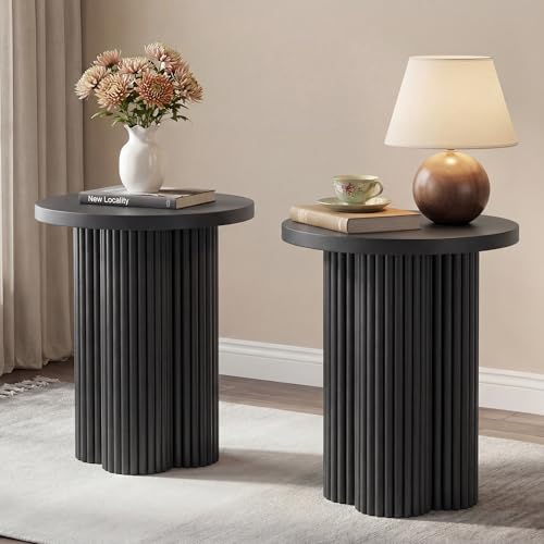 Small Sofa Side Table Set of 2, Fluted Accent Pedestal End Table, Wood Round Night Stand, Farmhouse Bed Side Table Drink Tables for Living Room, Small Spaces (Black-2PCS) - color: Black-2pcs